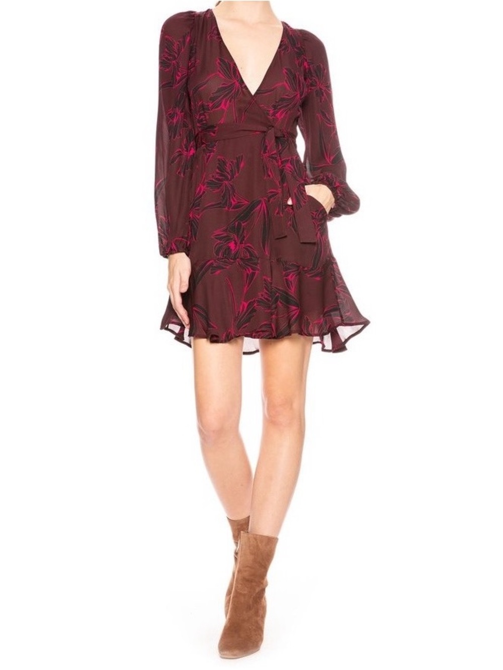A.L.C. Revolve Embry Silk Floral Wrap Burgundy Mini Dress